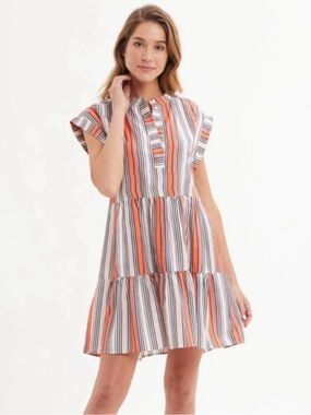 MARIE OLIVER Lachlan Printed Cotton Silk Dress in Red Pink Vertical Stripe